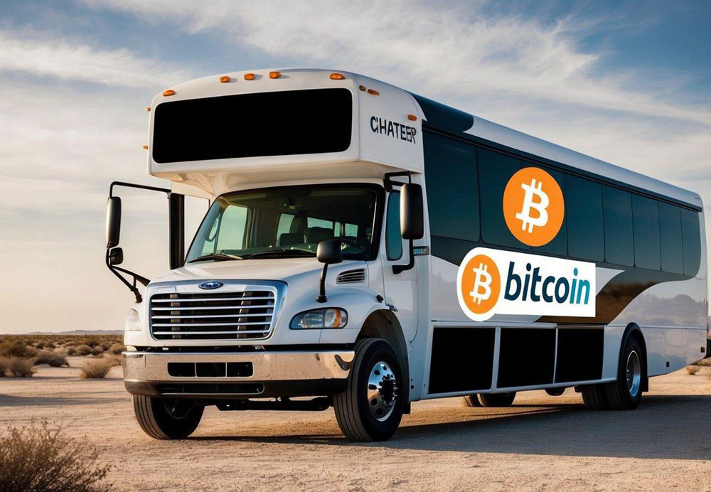 A charter bus parked in a desert landscape, with a digital Bitcoin payment logo displayed prominently on the side of the bus